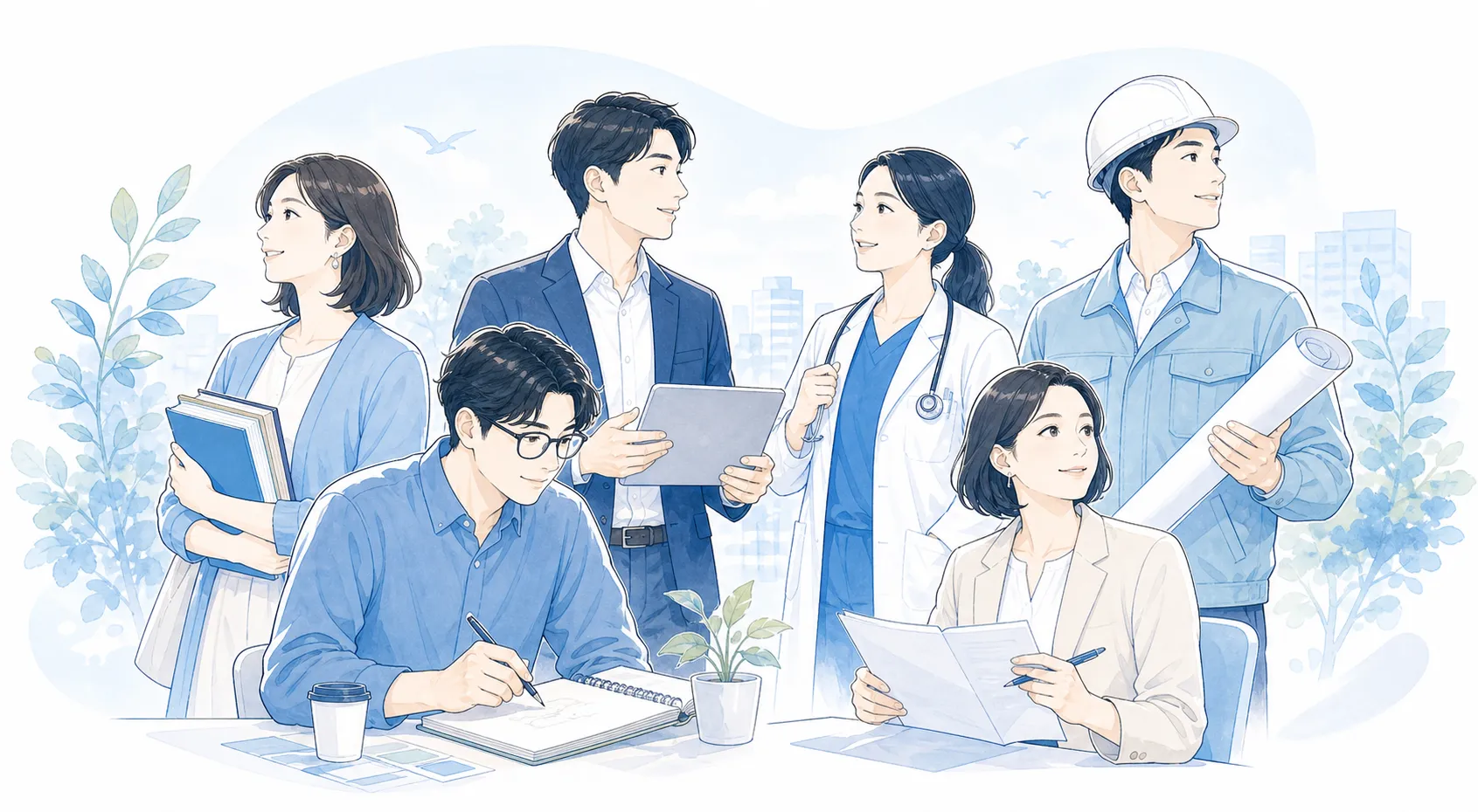 さまざまな職業の人々が前向きに活動しているイラスト