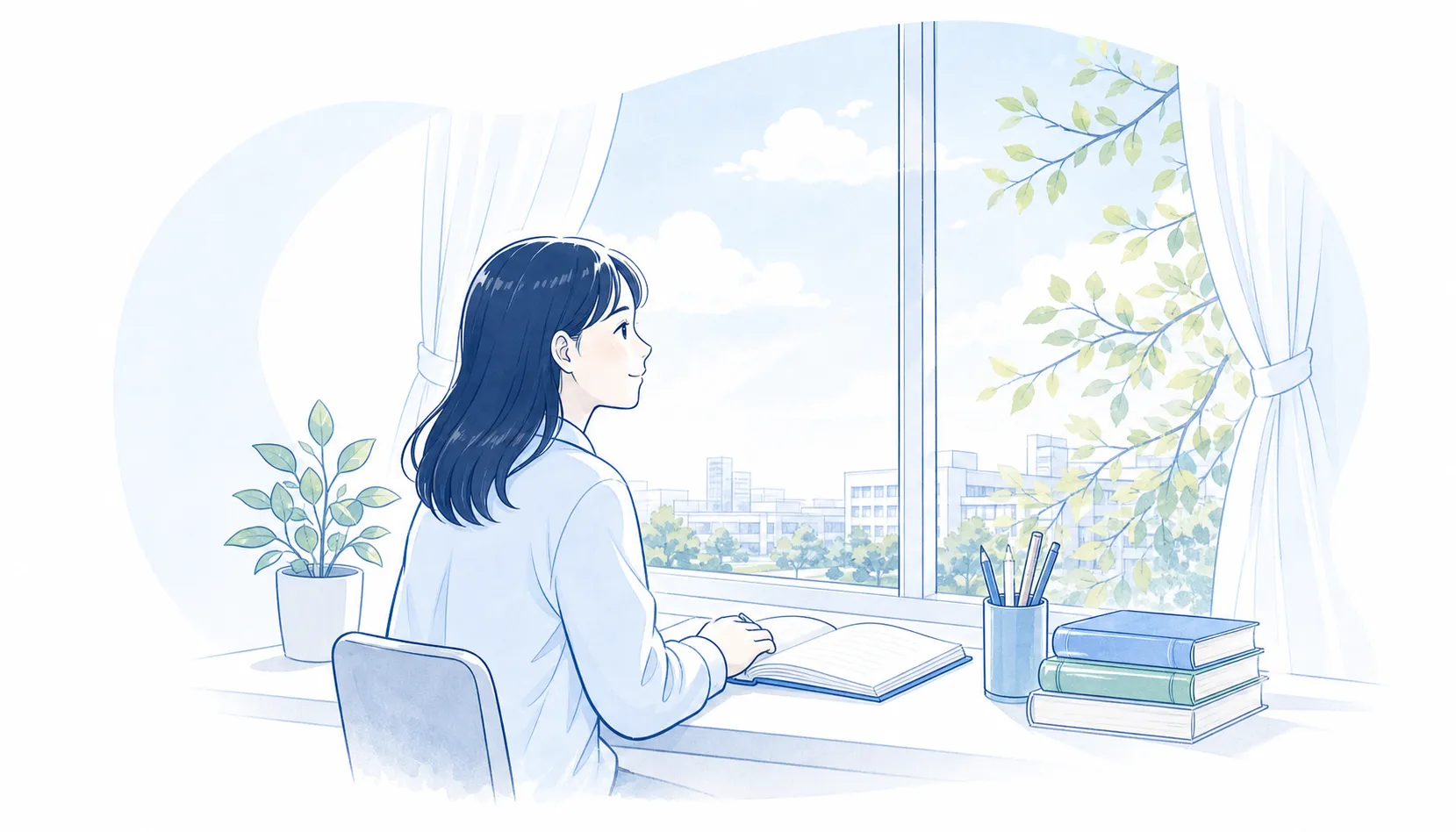 窓辺の机で本を開き、学びに向き合う生徒のイラスト