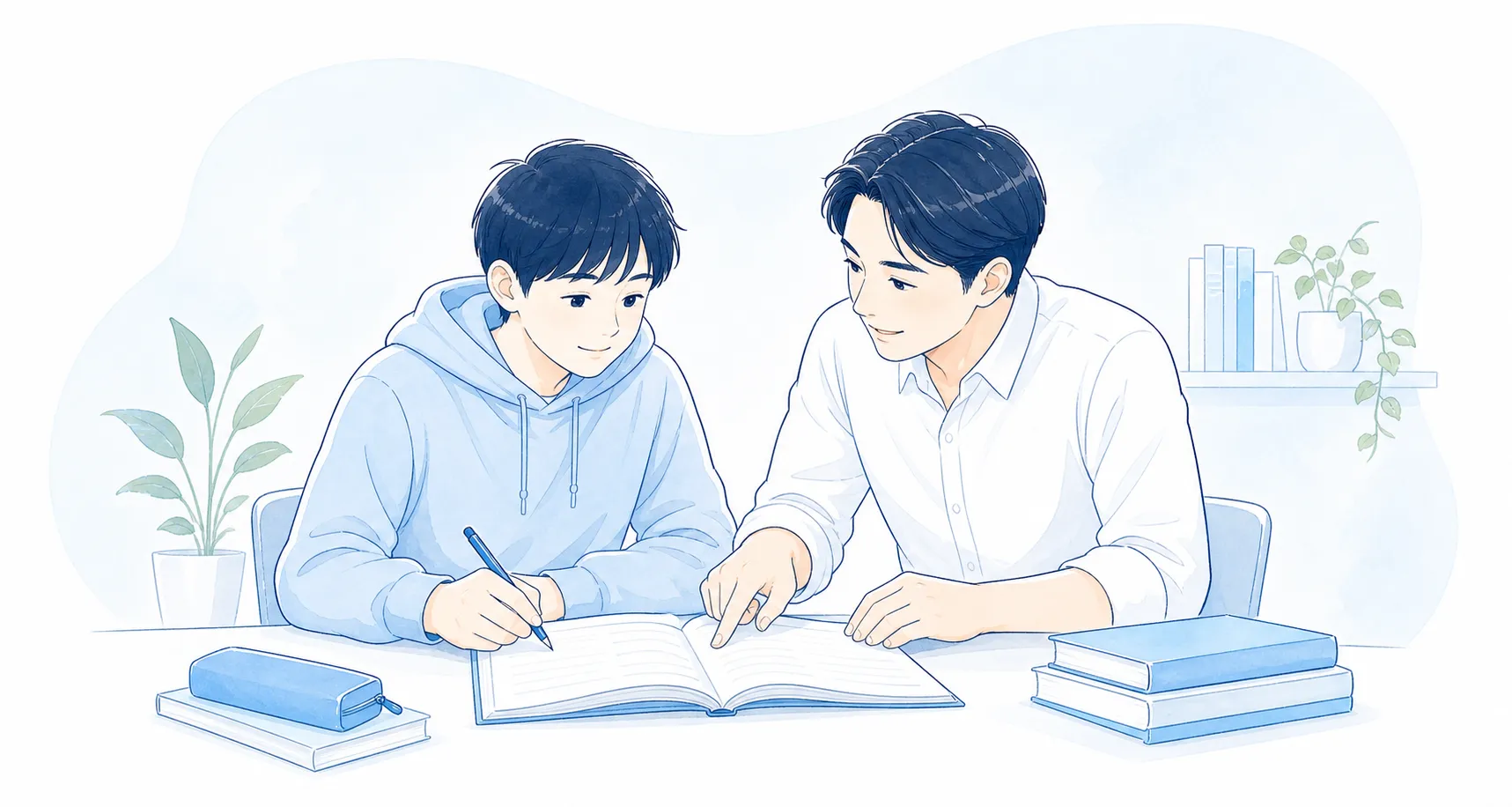 講師が生徒の隣でノートを見ながら学習を支えるイラスト