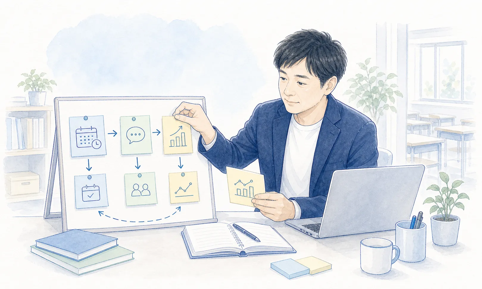 教室運営の課題を付箋と図で整理し、改善案を考える教育事業者の手描きイラスト