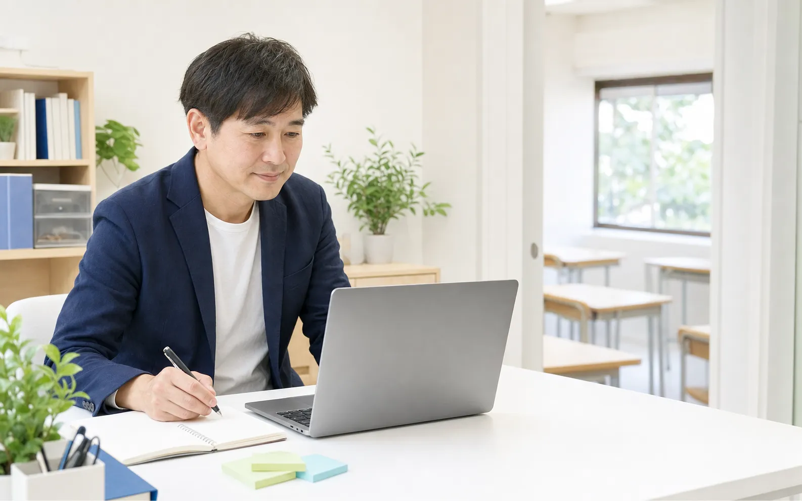 教室のそばでパソコンとノートを使い、経営改善を考える教育事業者