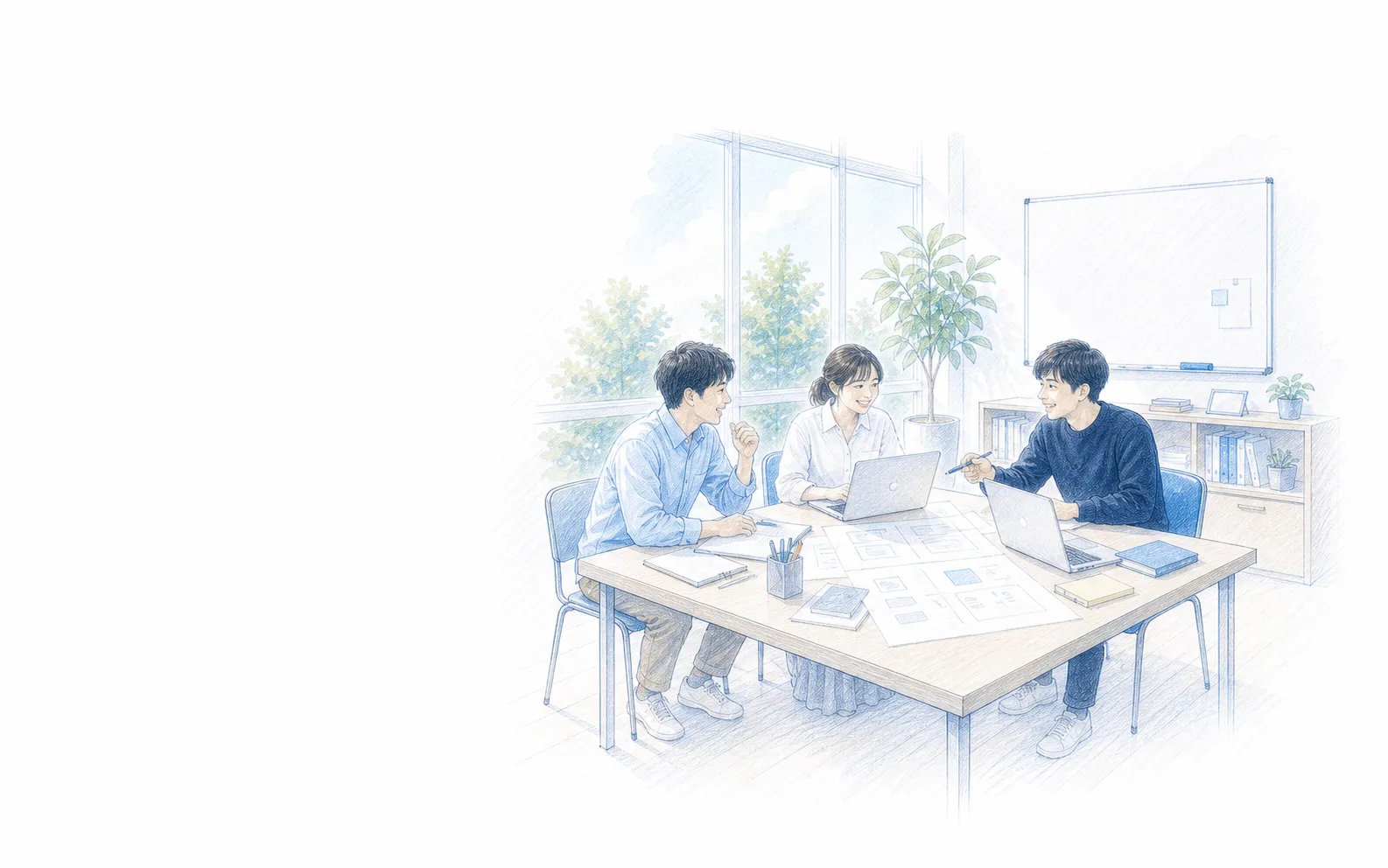 創業メンバーが明るい教室で話し合っている線画イラスト