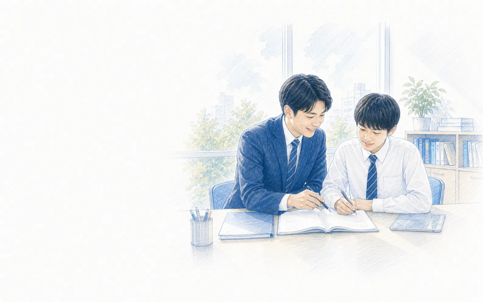 先生と生徒がノートを見ながら学習内容を確認している線画イラスト
