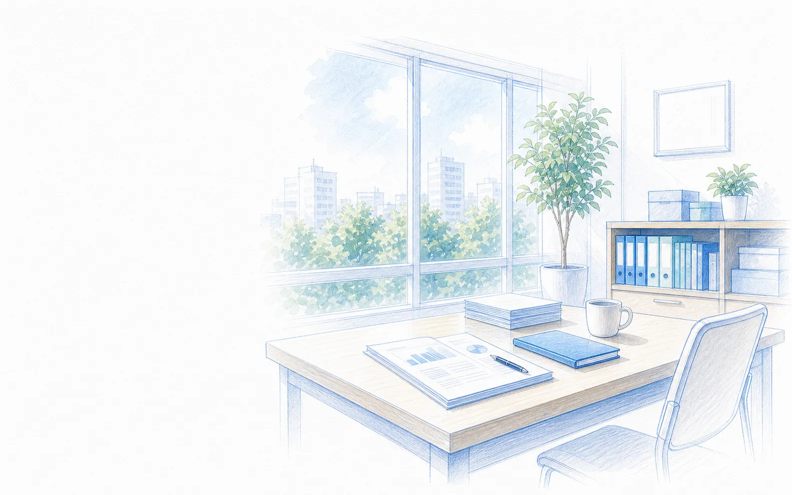 会社概要を連想させるデスクと書類の線画イラスト
