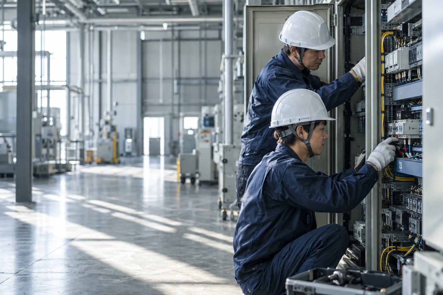 工場の電気設備を点検する作業員のイメージ